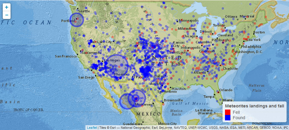 Mappa dei meteoriti trovati negli Stati Uniti